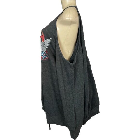 Vinyl Icons +5 Gray Fleece Knit Poison Band Skull-Rose Cold Shoulder Sweatshirt - Picture 5 of 8